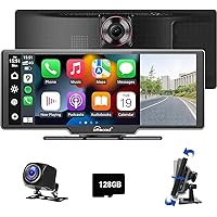 Wireless Carplay Screen for Car with Apple Carplay and Android Auto, 10.26” Car Stereo Touch Screen, 2.5K HD Dash Cam, 128G TF Card, 1080p Backup Camera, GPS Navigation, FM Transmitter, Voice Control