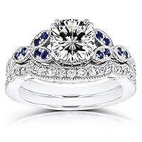 Kobelli Vintage Style Floral Cushion Moissanite (GH) with Sapphire and Diamond Accents Bridal Set 1 1/2 Carat TGW in 14k White Gold