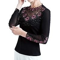 Women's Lace Tops Long Sleeve Casual Rhinestone Floral Embroidered Hollow Out Mesh Blouses Work Chiffon Shirts