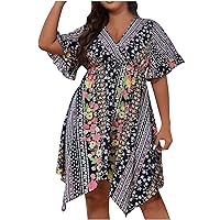 Boho Floral Print Summer Dress for Women Short Sleeve V Neck Wrap Dress Casual Asymmetrical Hems Flowy Swing Mini Dress