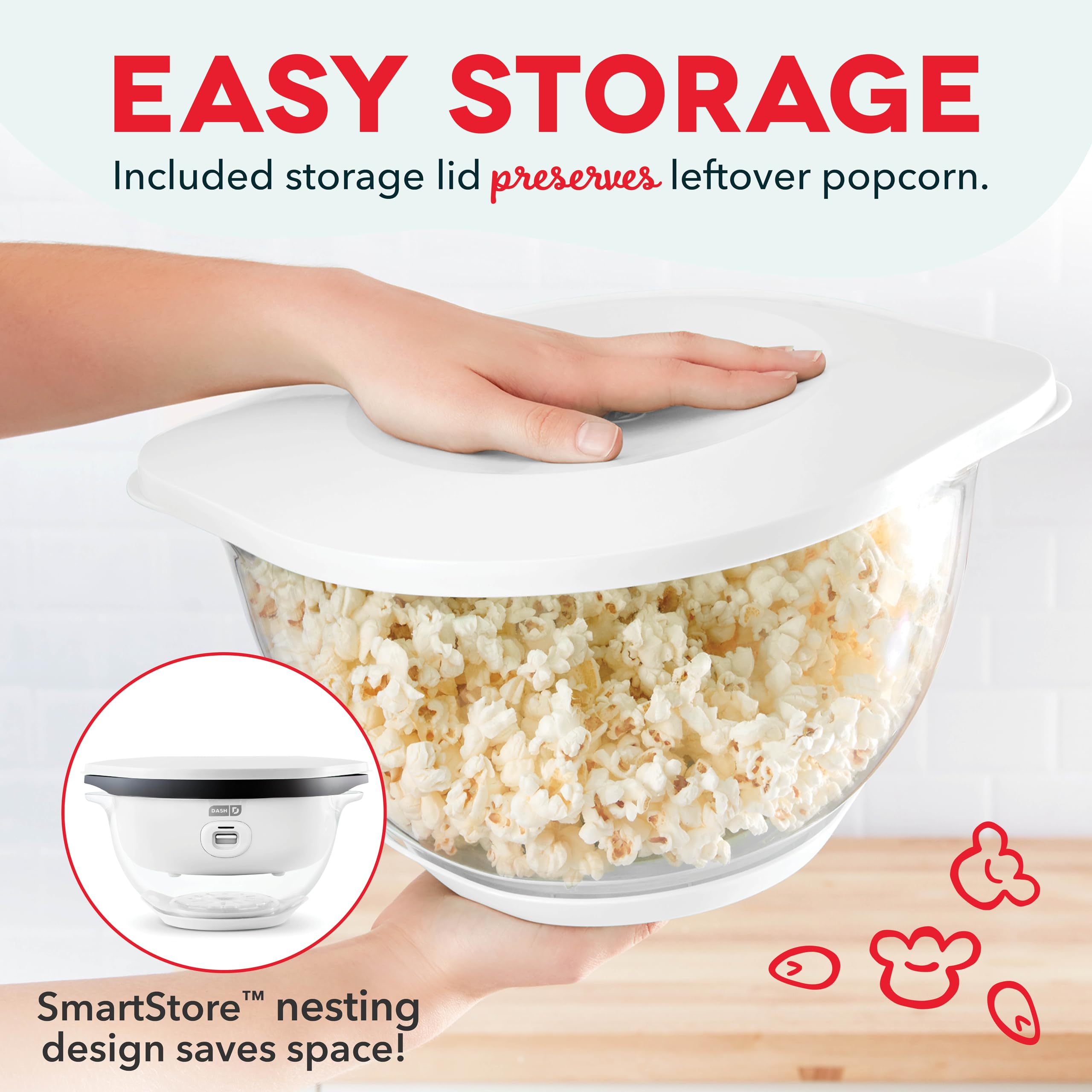 DASH SmartStore™ Deluxe Stirring Popcorn Maker, Hot Oil Electric Popcorn Machine with Large Lid for Serving Bowl and Convenient Storage, 24 Cups – White