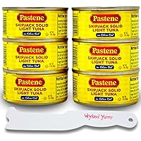 Wild Caught Tuna Canned Bundle - With (6) 3oz Cans Pastene Skipjack Solid Light Tuna in Olive Oil and (1) Wyked Yummy Plastic Spreader Tuna Can Scraper