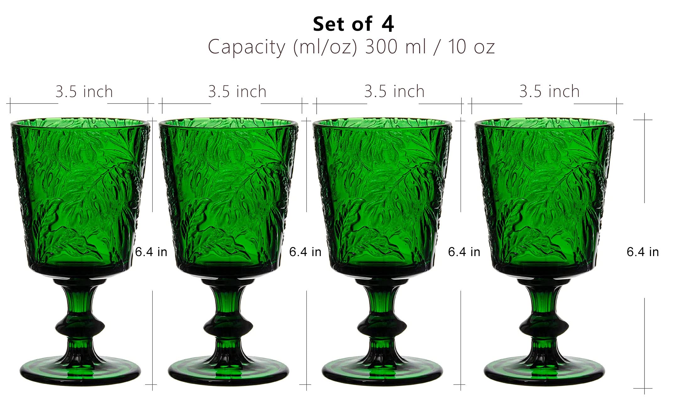 Jomop Handmade Pressed Colored Stemmed Wine Glasses Set Green Set of 4 Retro (4, Wine Goblet)