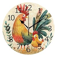 ALAZA Non-Ticking Silent Round Wall Clock, Cute Rooster and Chicken Decor Clock for Home School Kitchen Bedroom Living Room