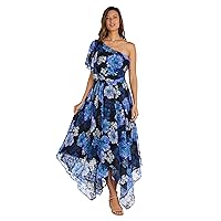 Women's Hi-Low One Shoulder Floral Print Dress W/Flutter Sleeve & Draped Bodice