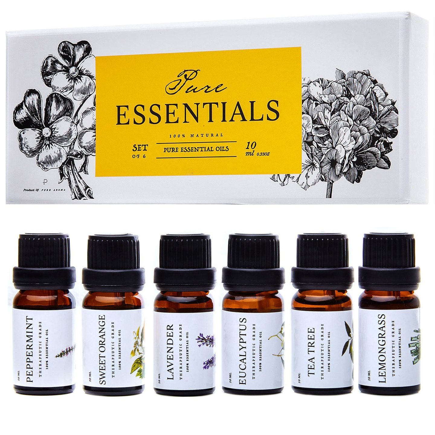Essential Oils by Pure Essentials 100% Pure Oils kit- Top 6 Aromatherapy Oils Gift Set-6 Pack, 10ML(Eucalyptus, Lavender, Lemon Grass, Orange, Peppermint, Tea Tree)