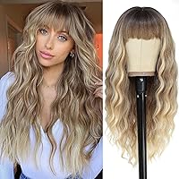NAYOO Wig with Bangs Long Wavy Ombre Blonde Wigs for Women 26 Inches Synthetic Dark Root Heat Resistant Hair for Daily Party Use（Ombre Blonde）