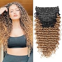 Black Strawberry Blonde Curly Clip In Hair Extension For Black Women Double Weft Hairpiece Synthetic Thick Hair Extension Clips Natural Looking Long 24 inch Deep Wave (T1B/27（Pack of 7）)