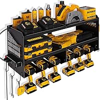 Power Tool Organizer Wall Mount with Charging Station, Garage Tool Shelf 6 Drill Holders, Tool Battery Holder with Screwdriver Heavy Duty Rack, Tool Storage Rack with 4 Outlet Power Strip
