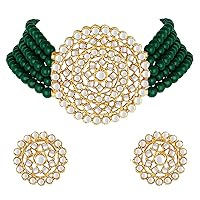 I Jewels 18K Gold Plated Indian Light Weight Beaded Choker Set Glided With Moti Work