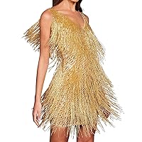 houstil Women 1920s Sequin Dress Gatsby V Neck Homecoming Flapper Dresses Fringe Wedding Club Party Evening Gown