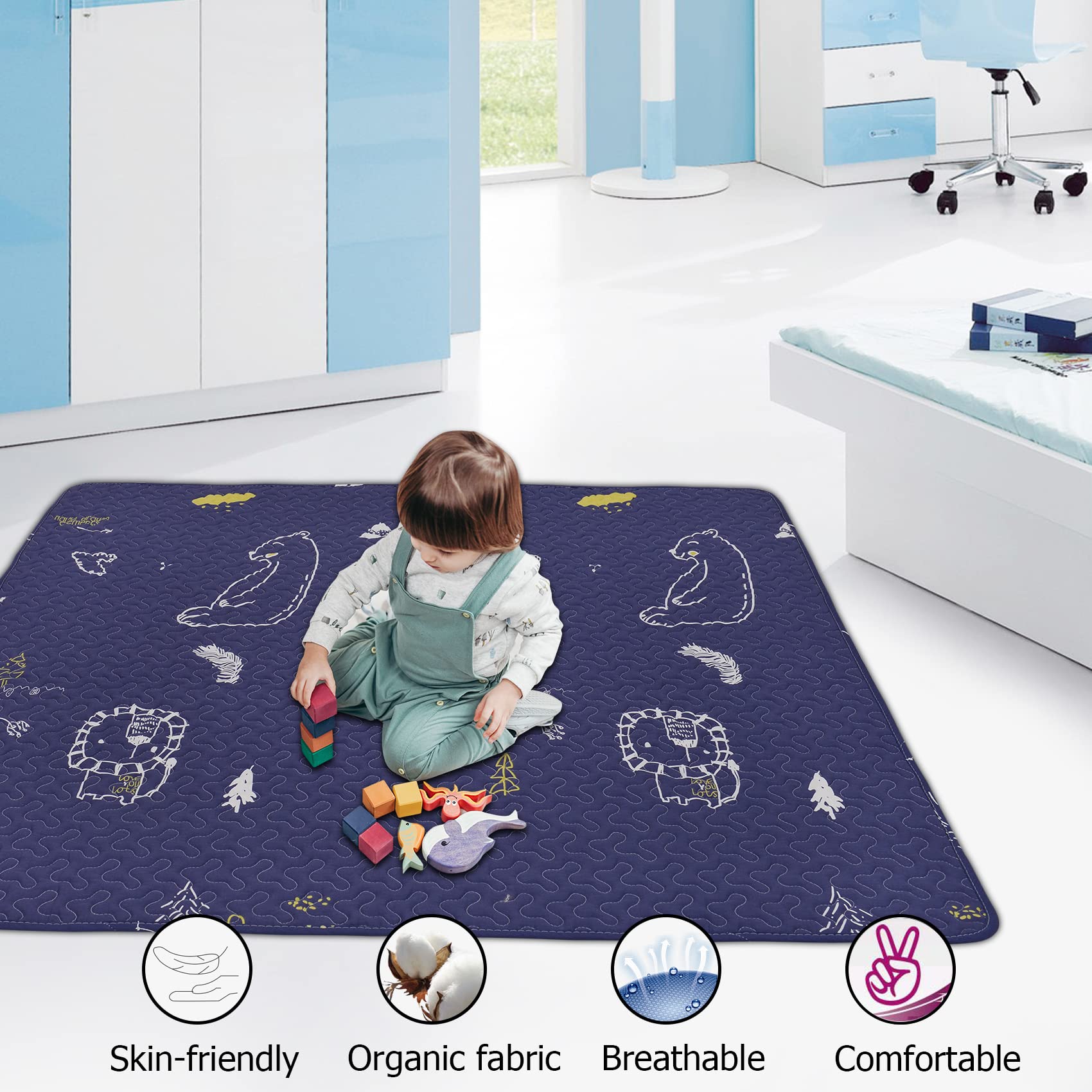 Portable Baby Play Mat Machine Washable, Foldable Crawling Mat for Floor 43x43” Baby Playpen Mat, Soft Non Slip Non-Toxic Playmats for Infants, Kids Tent Mat Square