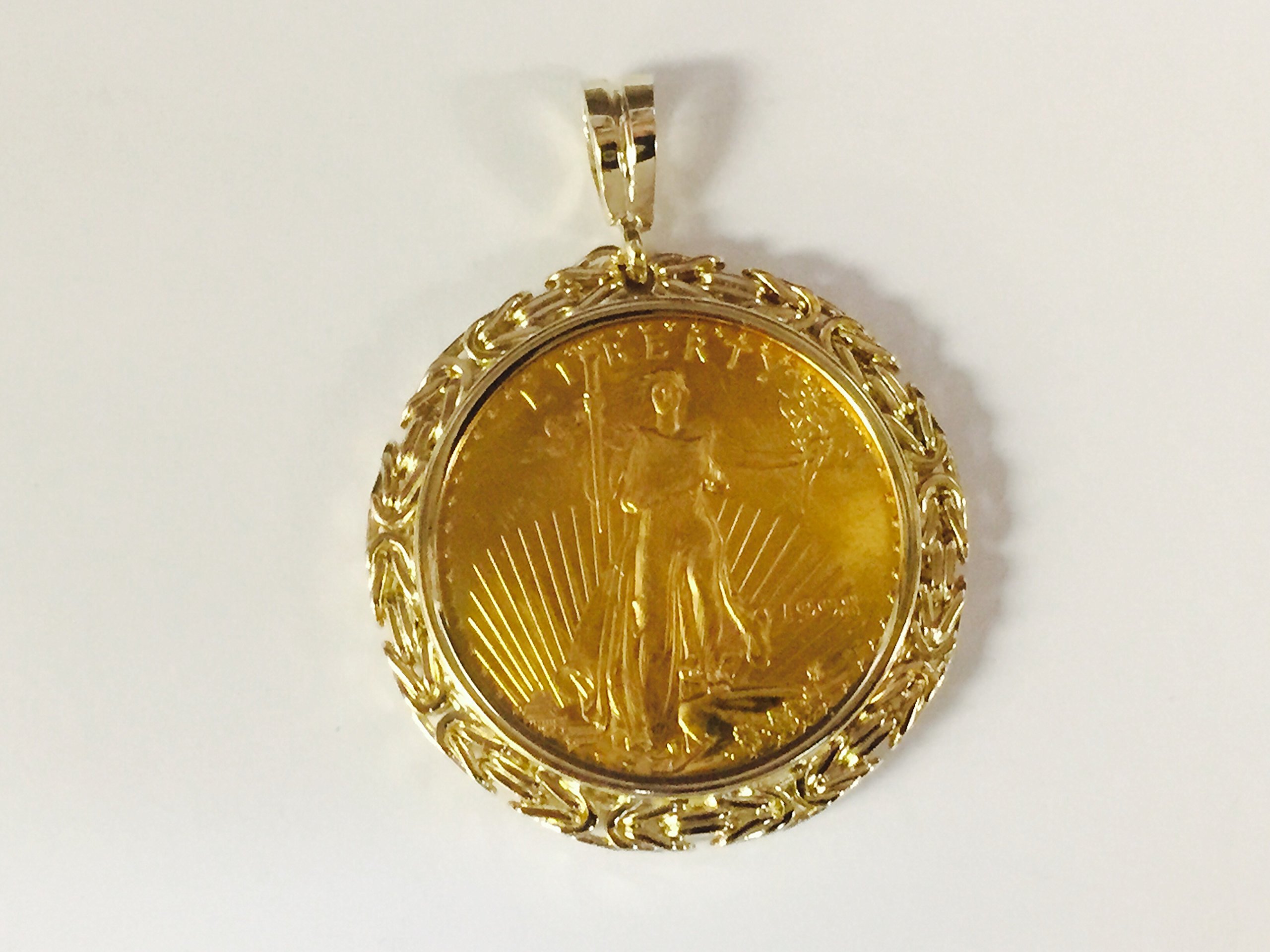 TEX 22K Fine Gold 1 Oz American Eagle Coin -14K Frame Byzantine Pendant 5940(Random Year Coin)