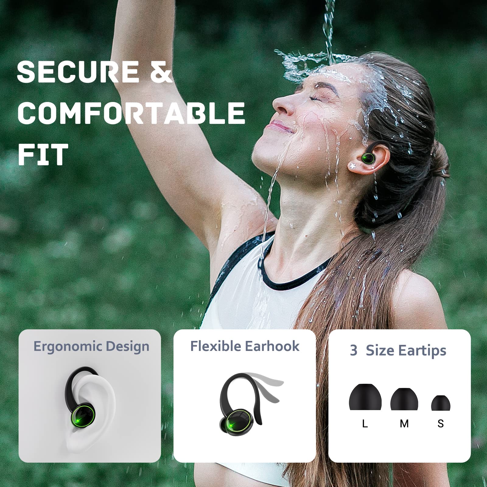 for Google Pixel 7 Wireless Earbuds Bluetooth Headphones 48hrs Play Back Sport Earphones with LED Display Over-Ear Buds with Earhooks Built-in Mic - Black
