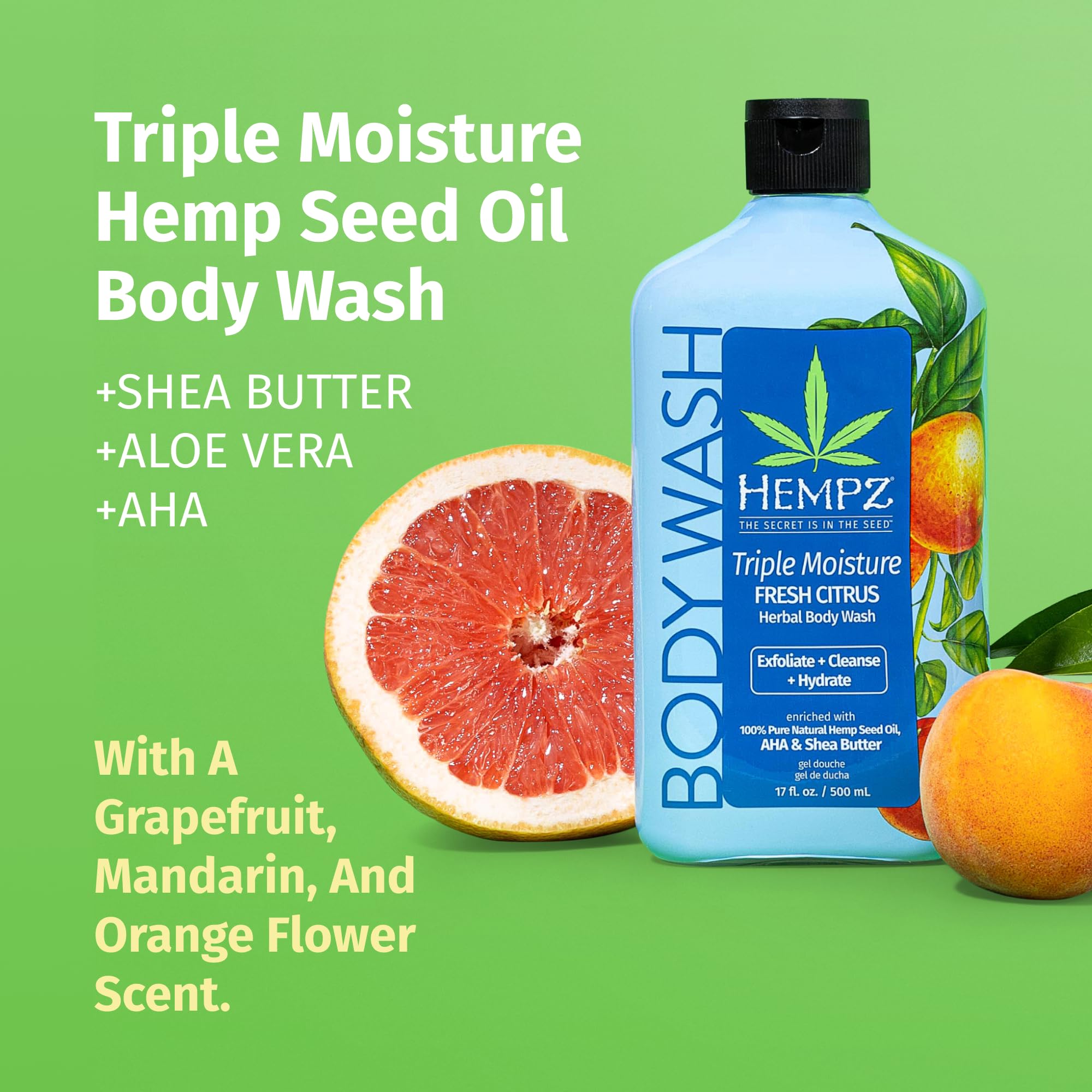 Hempz Triple Moisture Body Wash - Grapefruit & Peach - Hydrating for Sensitive Skin, Scented, Exfoliating with Shea Butter, Pure Hemp Seed Oil, and Algae for Sensitive Skin - 17 fl oz
