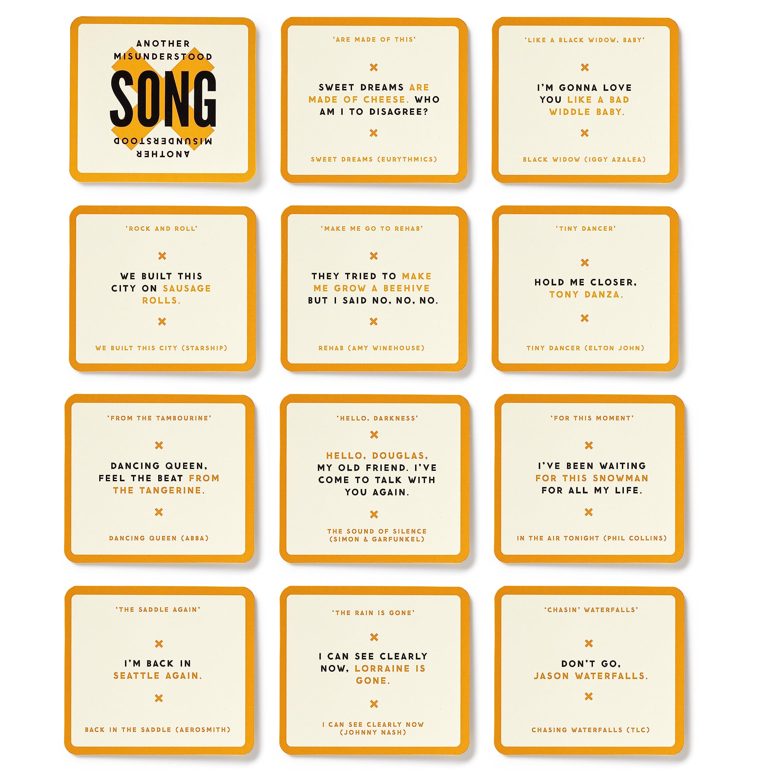 Brass Monkey Misunderstood Songs – Party Game with 300 Cards Featuring Uniquely Incorrect Lyrics of Songs, Suitable for 2-8 Players