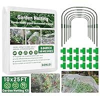 GonLei 10x25FT Garden Mesh Netting Kit Raised Beds (6 Pcs Garden Hoops & 18 Clips) Garden Hoops Plant Row Covers Netting Protection Berry Bush Trees Grass Seed Barrier Net