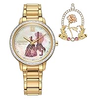 Citizen Women's Eco-Drive Disney Princess Belle Crystal Watch and Pin Gift Set in Gold tone Stainless Steel, Beauty and The Beast Mother of Pearl Dial (Model: FE7048-51D)