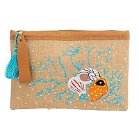 Coral Seashells Embroidered Large Pouch Wristlet Clutch, Natural/Multi