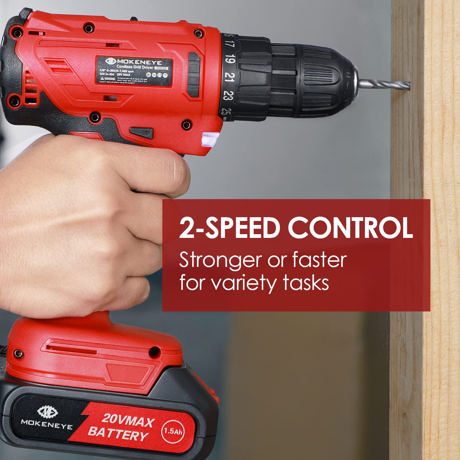 MOKENEYE 20V Cordless Drill Driver Kit, Power Drill with 20V Lithium-Ion Battery, 2-Variable Speed, 25+1 Position, 320In-lbs Torque, 3/8” Keyless Chuck, Built-in LED Light