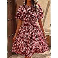 KAILAI Women's Dress Confetti Heart Print Butterfly Sleeve Dress (Color : Red, Size : Large)