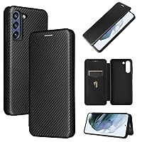 ZORSOME for Samsung Galaxy S21 FE Flip Case,Carbon Fiber PU + TPU Hybrid Case Shockproof Wallet Case Cover with Strap,Kickstand Black