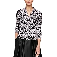 Alex Evenings Women's Stretch Embroidered Formal Event Blouse with Center Front Scallop Detail and Illusion Sleeves