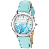Disney Girl's 'Cinderella' Quartz Stainless Steel and Leather Watch, Color:Blue (Model: W002937)
