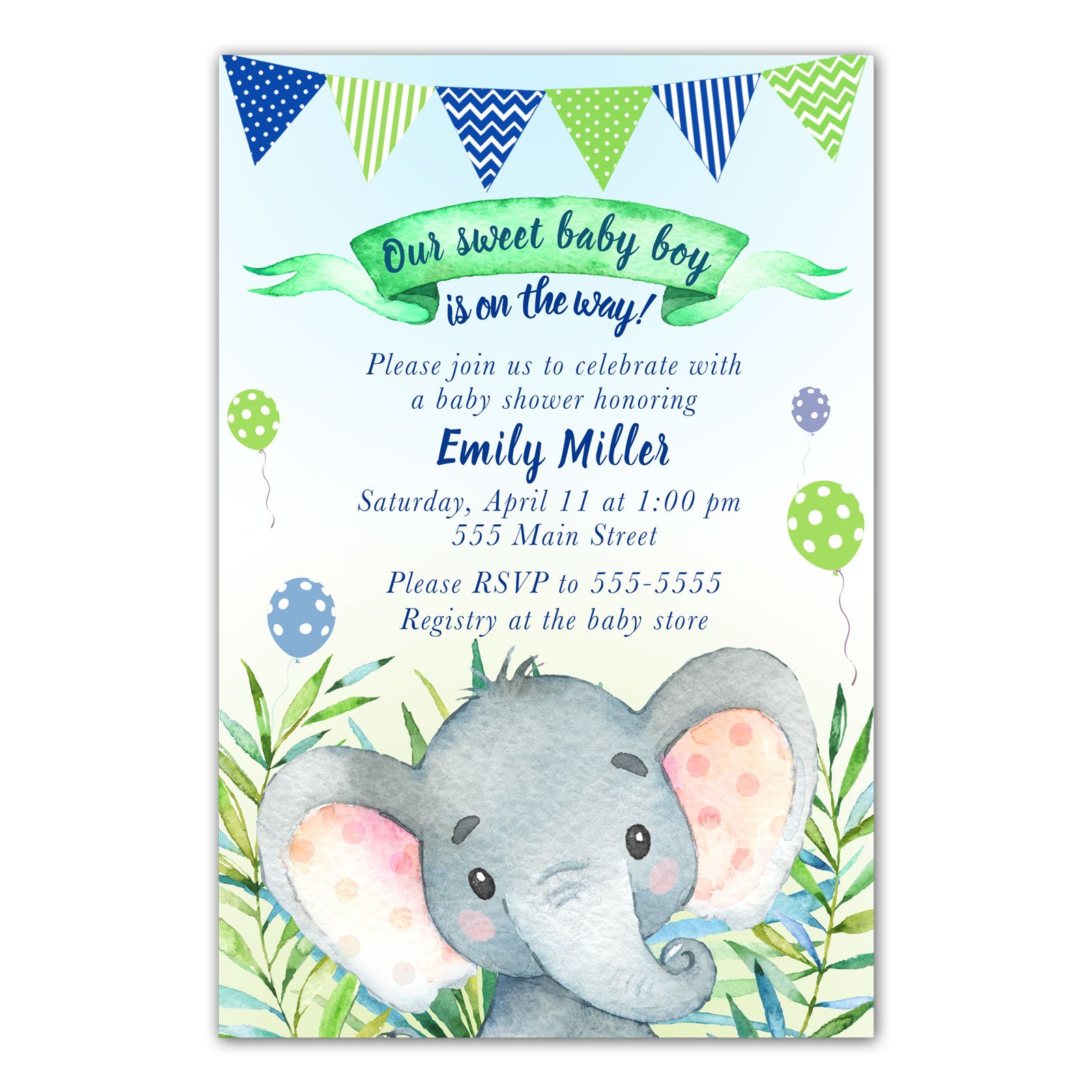 30 Invitations Personalized Baby Shower Elephant Watercolor Jungle