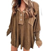 Acelitt Womens Ladies Casual Trendy Dressy Fall Brown Long Sleeve Button Down Oversized Waffle Knit Henley Shirts Tunic Blouse Tops Sweater Large