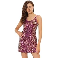 Allegra K Women's Glitter Sequin Dress Spaghetti Strap V Neck Party Cocktail Sparkly Mini Dress Clubwear