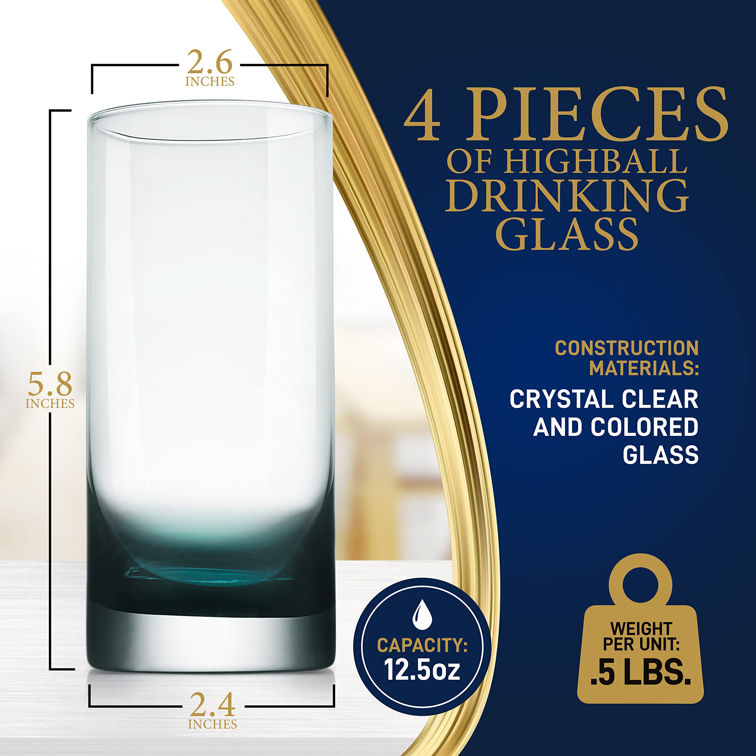NutriChef 12.5oz Highball Drinking Glasses - Set of 4 Heavy Base Tall Tumbler Clear Glassware for Water, Wine, Beer, Liquor, Gin, Cocktail, Whiskey, Juice, Iced Coffee, Mixed Drinks, Dishwasher Safe