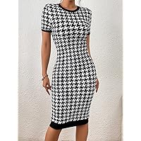2023 Summer Women's Dress Houndstooth Print Contrast Binding Bodycon Dress RUPON (Color : Black and White, Size : X-Large)