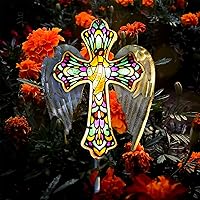 YJFWAL Solar Glass Cross Garden Stake Light, Cemetery Decorations for Grave Outdoor Lights, Jesus Cross Angel Wings Sympathy Memorial Gifts for Mother, for Christmas Garden Lawn Yard Patio Decor