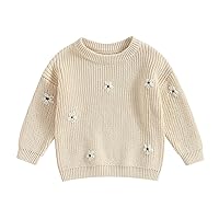 Toddler Baby Girl Boy Knit Sweater Warm Long Sleeve Floral Embroidery Chunky Sweater Fall Winter Clothes Outfit Cream White 18-24 Months