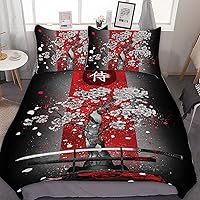 Japanese black white ink style Samurai sword red Sakura 3D print Duvet Cover Queen Size Ultra Soft and Breathable Bedding Comforter Cover Set 3 Pieces with Zipper Closure Duvet Cover & 2 Pillow Shams