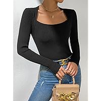 Women's Sweater 2022 Rib-Knit Square Neck Sweater Women's Clothing (Color : Black, Size : X-Small)
