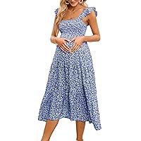 KOJOOIN Womens Maternity Dress Summer Sleeveless Smocked Square Neck Ruffle Casual Boho Midi Dress Baby Shower Photoshoot