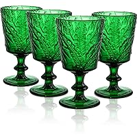 Set of 4 Colored Wine Glass Goblet, 12oz Handmade Pressed Stemmed Water Cup, Green Vintage Tropical Palm Pattern Embossed Drinkware for Party, Wedding