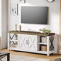 IDEALHOUSE Farmhouse TV Stand for 65/60/55 Inches, Mid Century Modern Entertainment Center with Storage Cabinets and Open Shelves, Wood TV Table Media Console for Living Room, Bedroom (White)