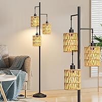 3-Lights Rattan Floor Lamps with ON/Off Foot Switch Tree Standing Lamp with Wood Rattan Lampshades Boho Floor Lamp Tall Pole Lamp for Living Room Bedroom Office, 3 PCS 6W Bulbs Included