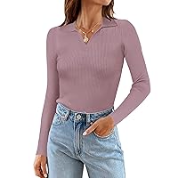 MEROKEETY Womens 2024 V Neck Long Sleeve T Shirts Fitted Elegant Fall Ribbed Knit Casual Tee Tops