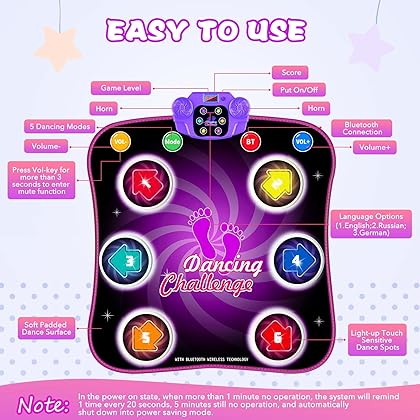 Dance Mat Toys for 3-12 Year Old Kids, Light Up Electronic Dance Mats with 6 Button Wireless Bluetooth 5 Game Modes and 4xAA Rechargeable Battery for 3 4 5 6 7 8 9 10+ Year Old Girls Birthday Gifts