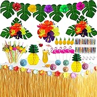Tropical Luau Party Decorations Set Hawaiian Beach Theme Party Favors Luau Party Supplies with 9ft Luau Grass Table Skirt, Palm Leaves, Hibiscus Flowers, 3D Fruit Straws, Flamingo and Pineapple Décors