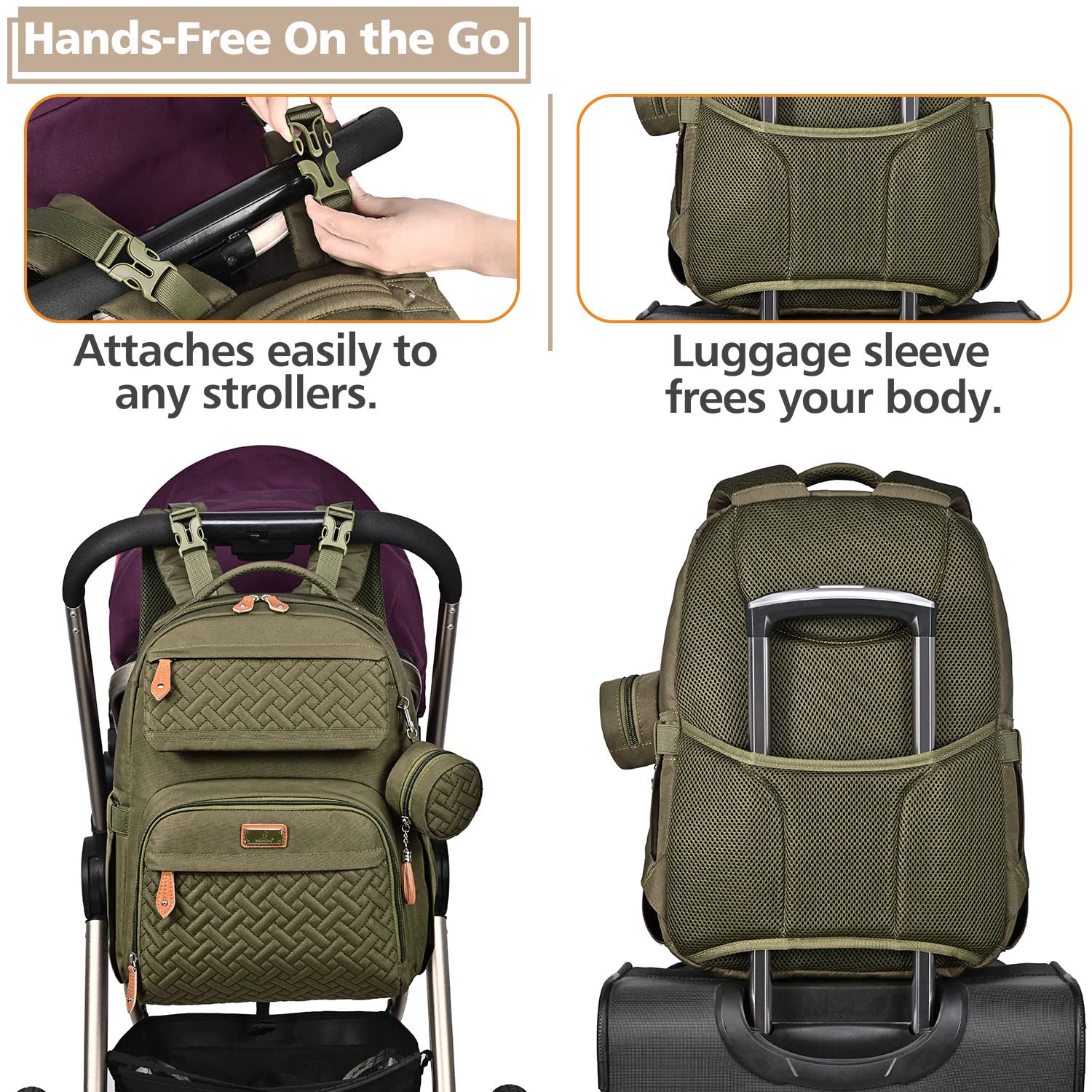 BabbleRoo Diaper Bag Backpack, Unisex Bags with Changing Pad, Pacifier Case & Stroller Straps, Multifunction Waterproof Travel Back Pack for Boys Girls, Army Green