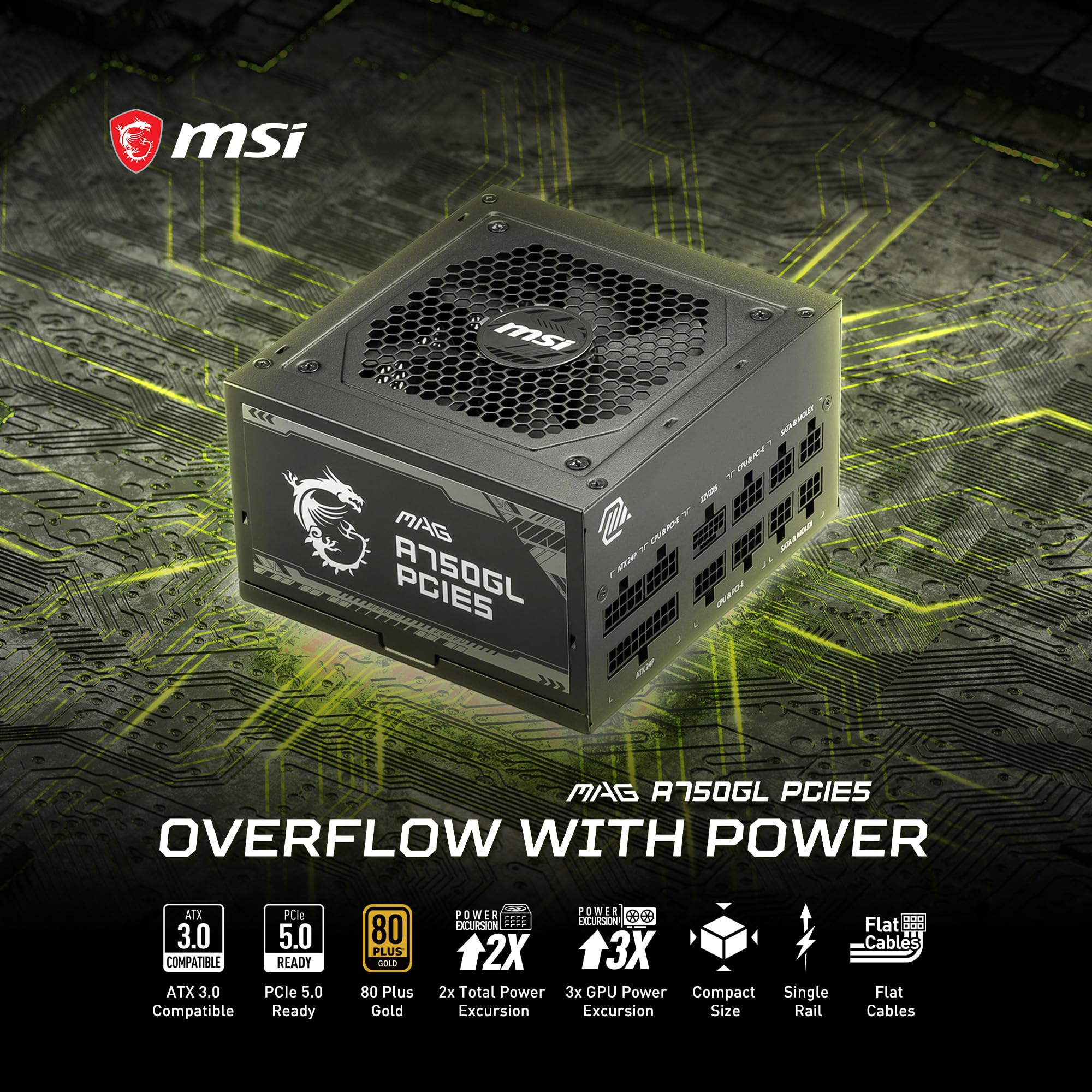 MSI MAG A750GL PCIE 5 & ATX 3.0 Gaming Power Supply - Full Modular - 80 Plus Gold Certified 750W - Compact Size - ATX PSU