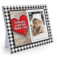To Mommy on Our First Mother's Day Picture Frame | Holds 3.5” x 5” Photo | Boy or Girl Nursery Decor | Black & White Buffalo Plaid – White Trim