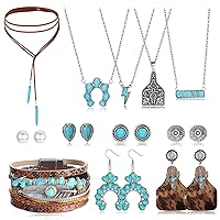 ADRAMATA 18PCS Bohemian Turquoise Jewellry, Turquoise Pendant Necklace, Suede Long Choker Necklace, Turquoise Bracelet Cuff, Drop Dangle Earrings, Vintage Turquoise Stud Earrings for Women