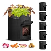 iPower Potato Grow Bags with Flap 10 Gallon 5 Pack, Garden Planting Pot with Durable Handle and Harvest Window, Thickened Nonwoven Fabric Container for Potato, Tomato, Carrot, Vegetable and Fruits