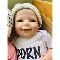Angelbaby Lifelike Reborn Baby Dolls Boy 22 inch Dolls Handmade Cute Smiling Children Doll Soft Silicone Toys with White Clothes (White-2002)